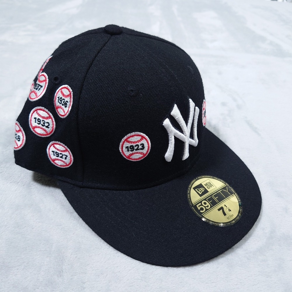 Yankees NY NEW ERA 59 Fifty Hat 7 1/4 Made In USA World Series Wins AOP Patches